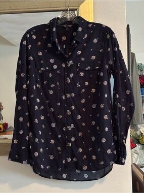 Eddie Bauer Navy Button-Up Top with Floral Print
